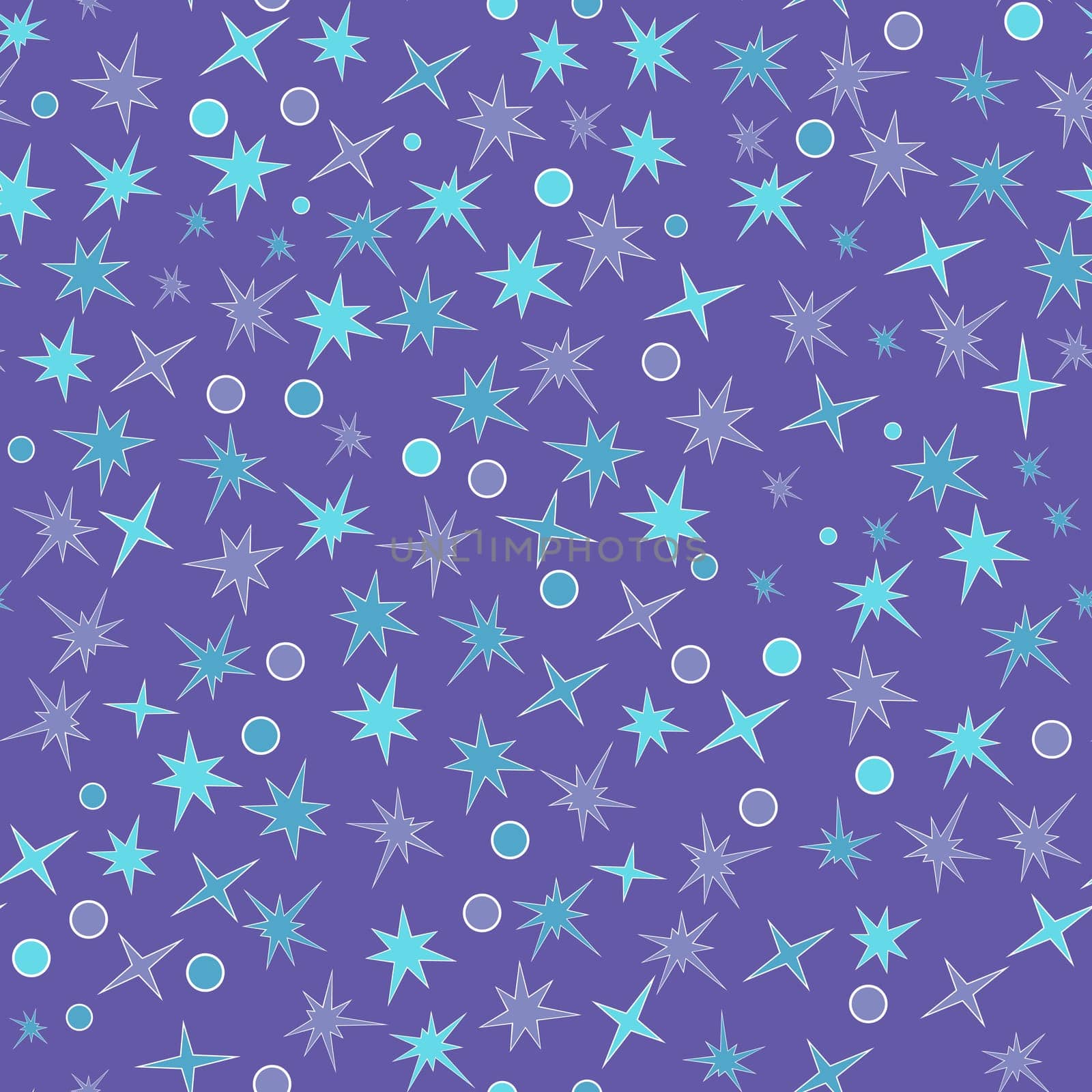 Seamless vector pattern with different stars and circles on a blue background