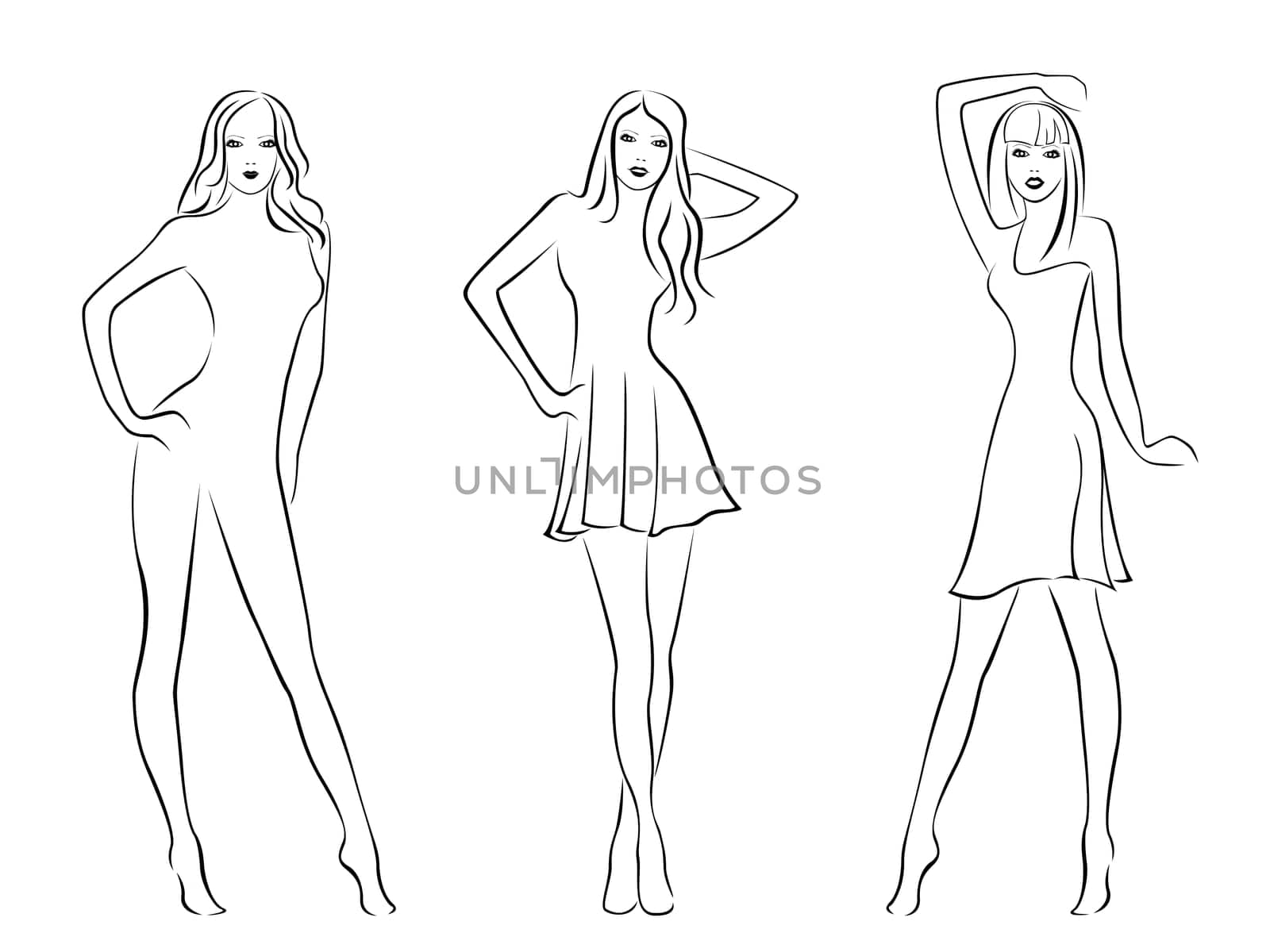 Three elegant fashion models isolated on white background, hand drawing black and white vector illustration
