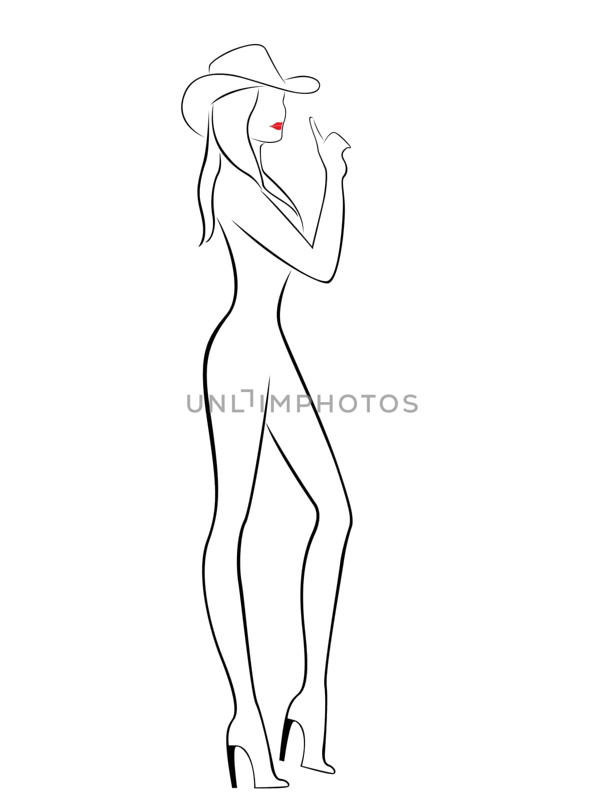 Cowboy style attractive young woman in hat isolated on white background, hand drawing vector illustration