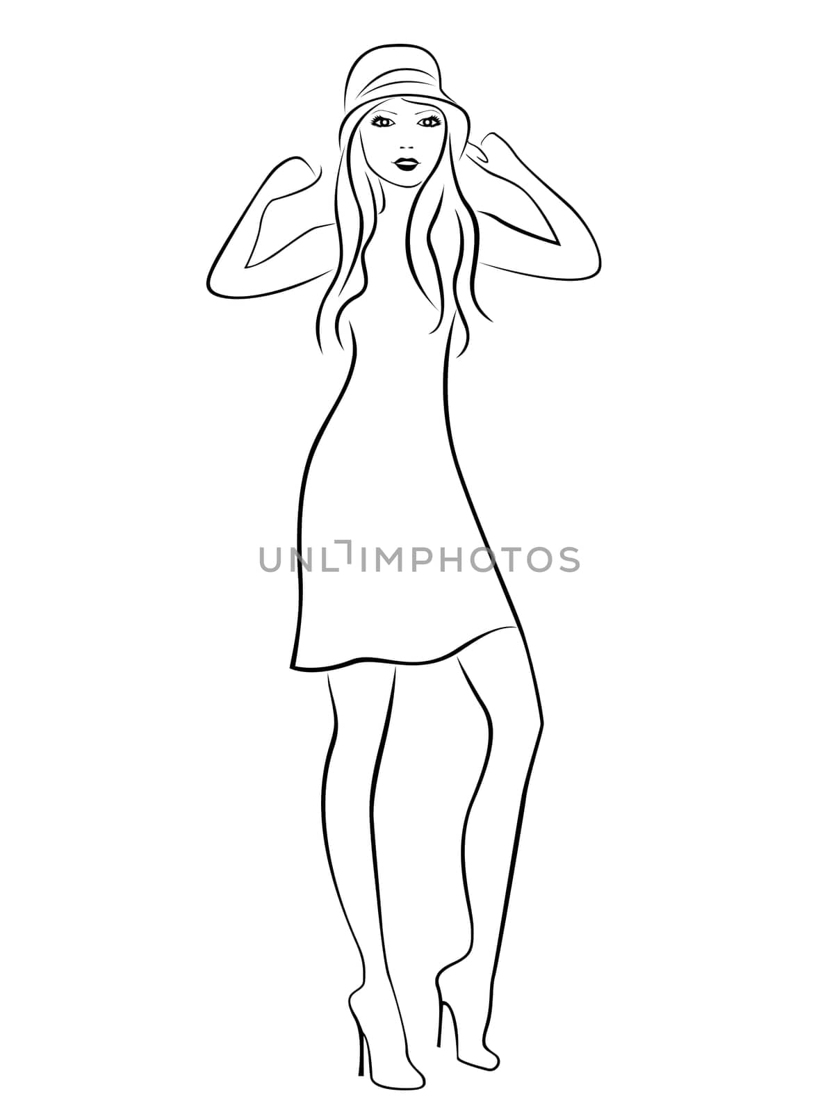 Attractive young woman in hat isolated on white background, hand drawing vector illustration