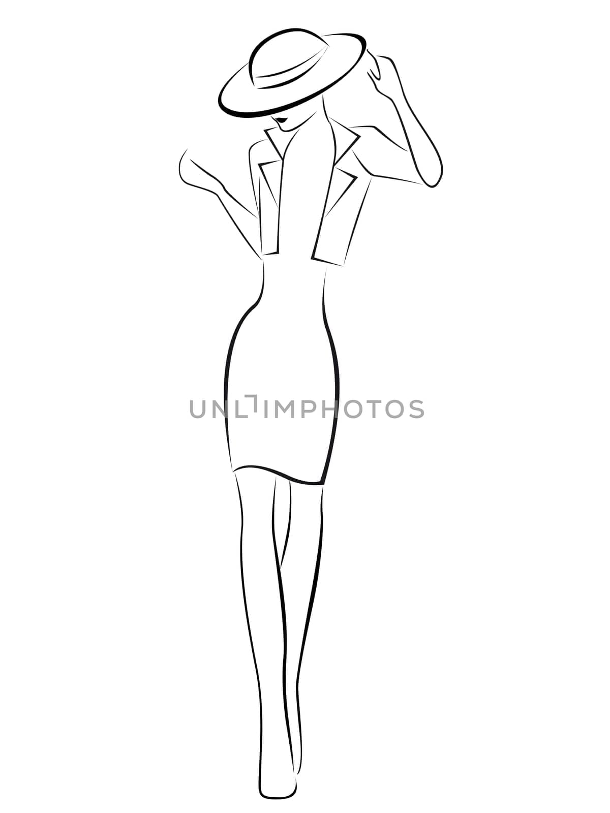 Elegance young woman in hat isolated on white background, hand drawing vector illustration