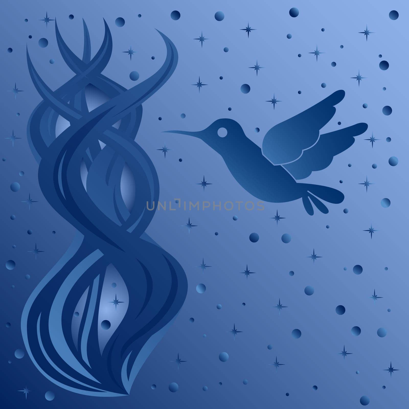 Phantasmagoric composition with bird on starry sky background, hand drawing vector illustration in blue tints