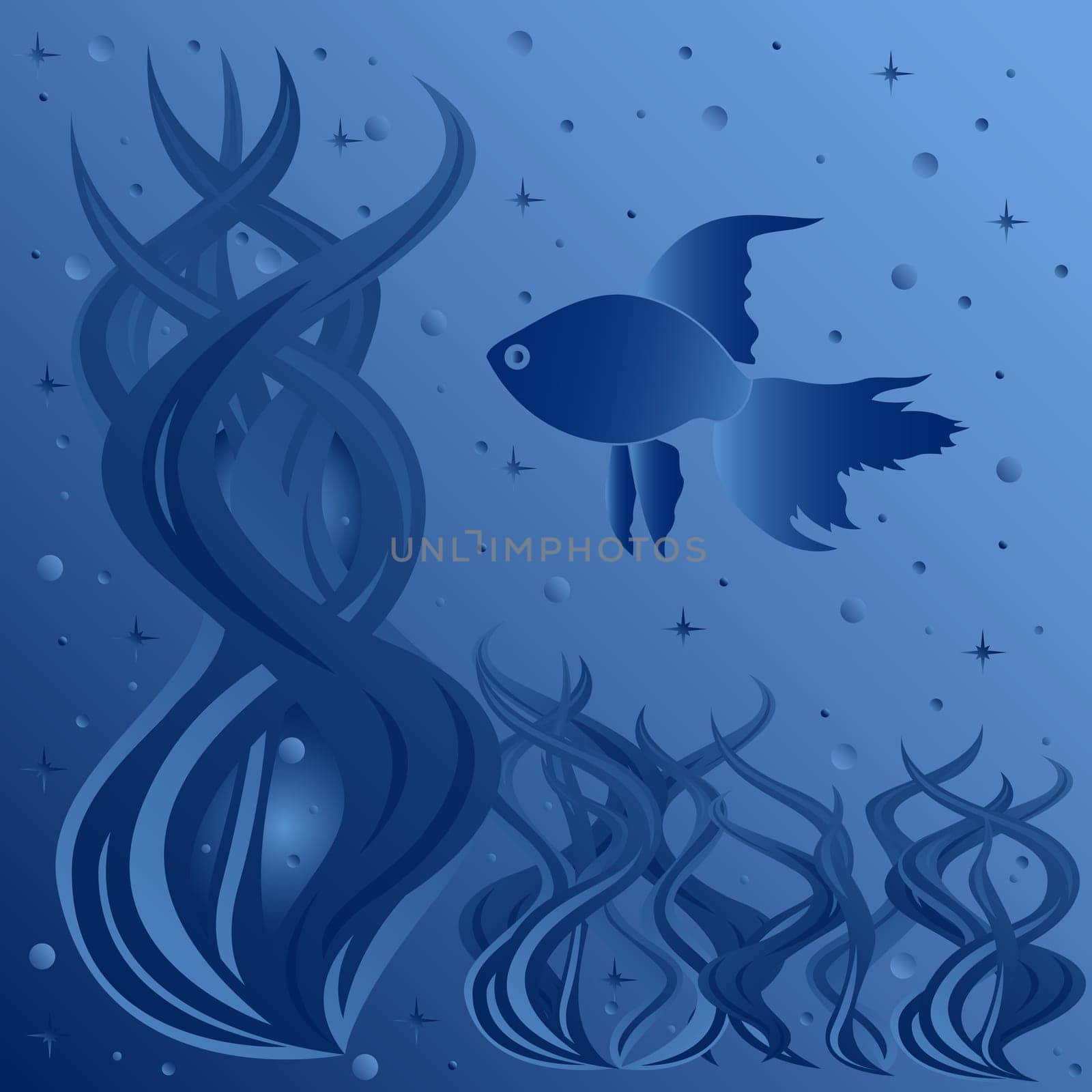 Composition of fish floating around aquatic plants, phantasmagoric hand drawing vector illustration in blue tints