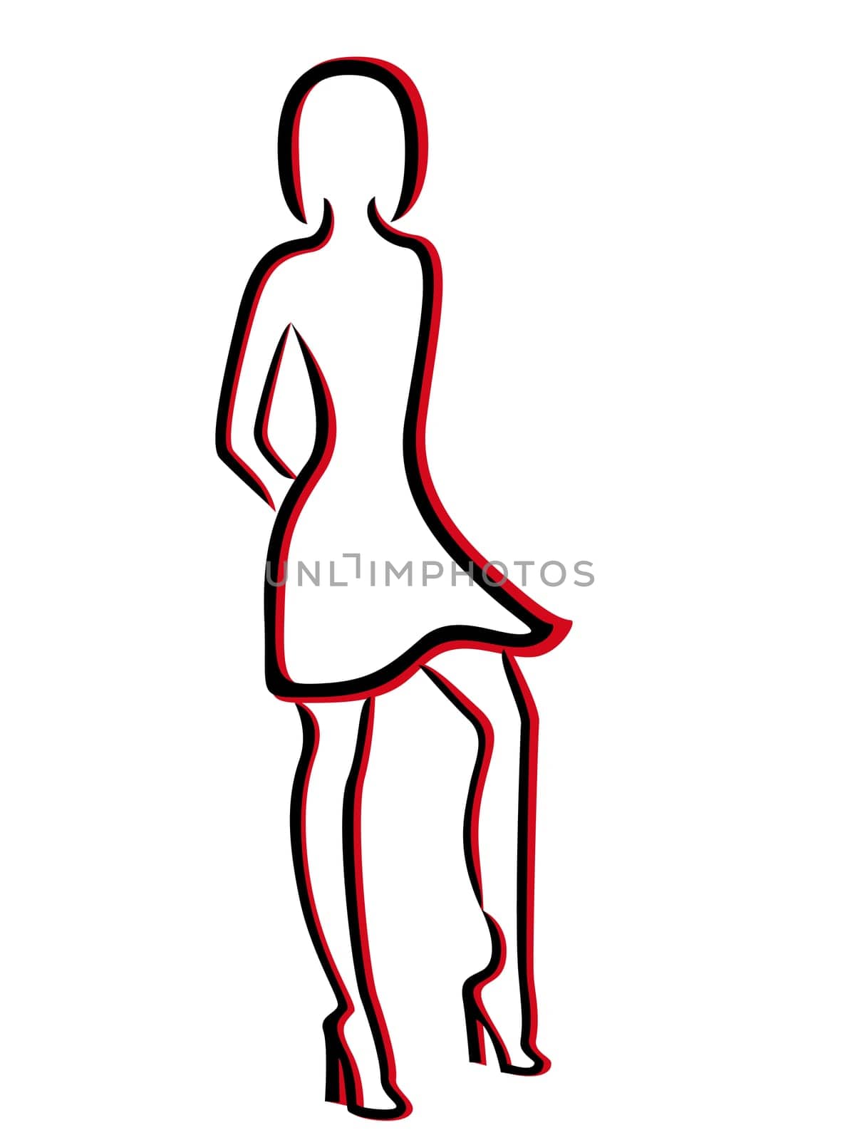 Attractive woman in a brief dress and with high heels isolated on white background, hand drawing vector illustration with black and red contours
