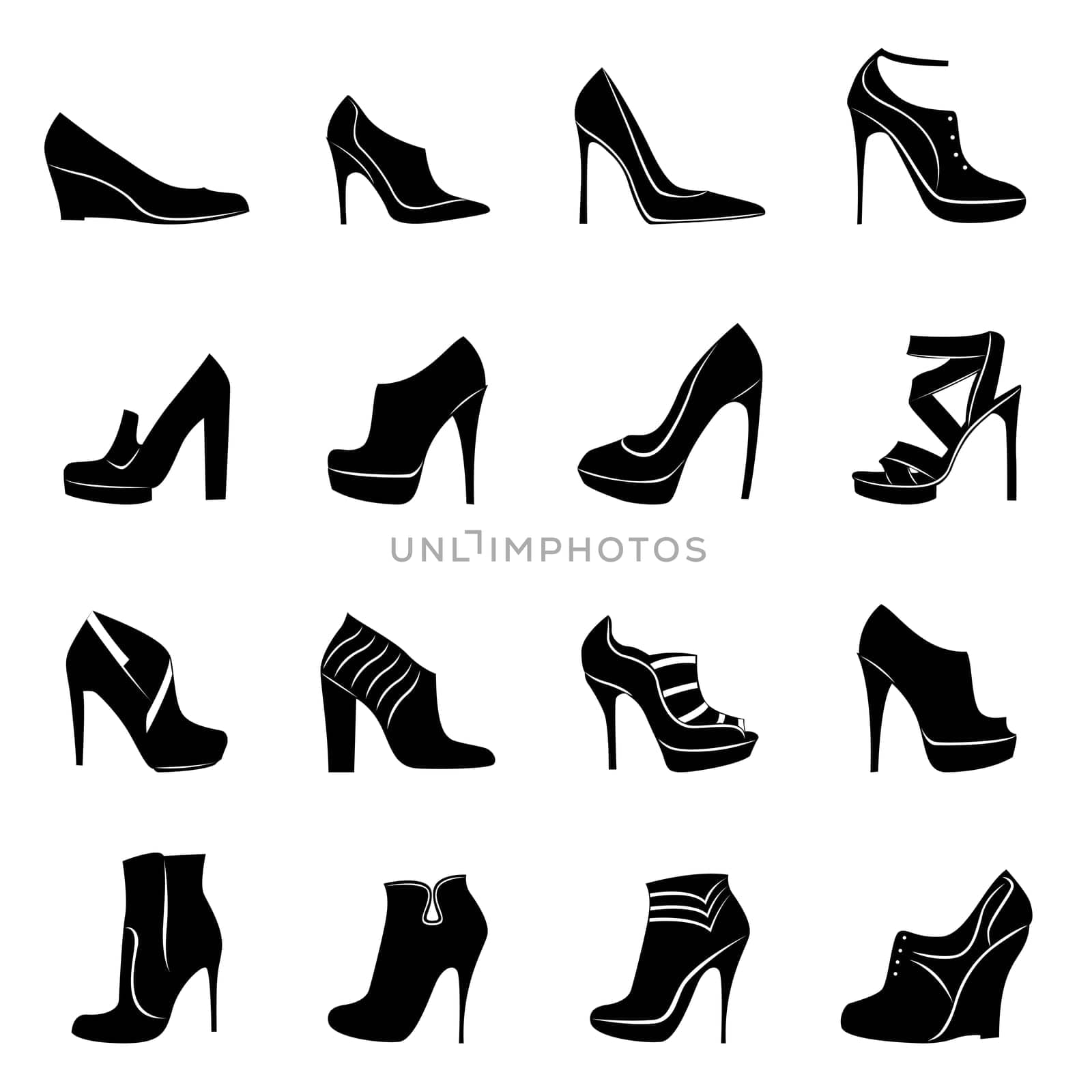 Set of sixteen different models of stylish women footwear, black and white, hand drawing silhouette vector illustration