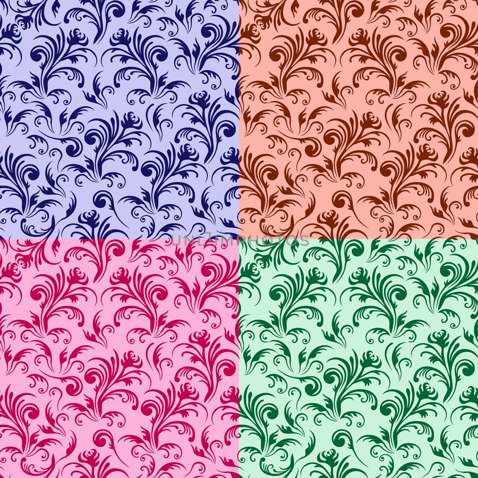 Four similar stylized swirl floral patterns in different colors, hand drawing vector illustration