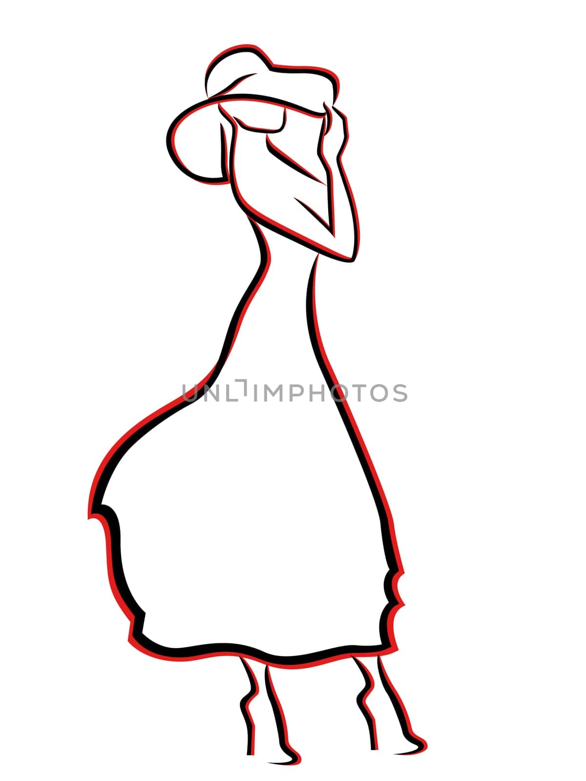 Romantic young woman in hat and cocktail dress isolated on white background, hand drawing vector illustration with black and red contours