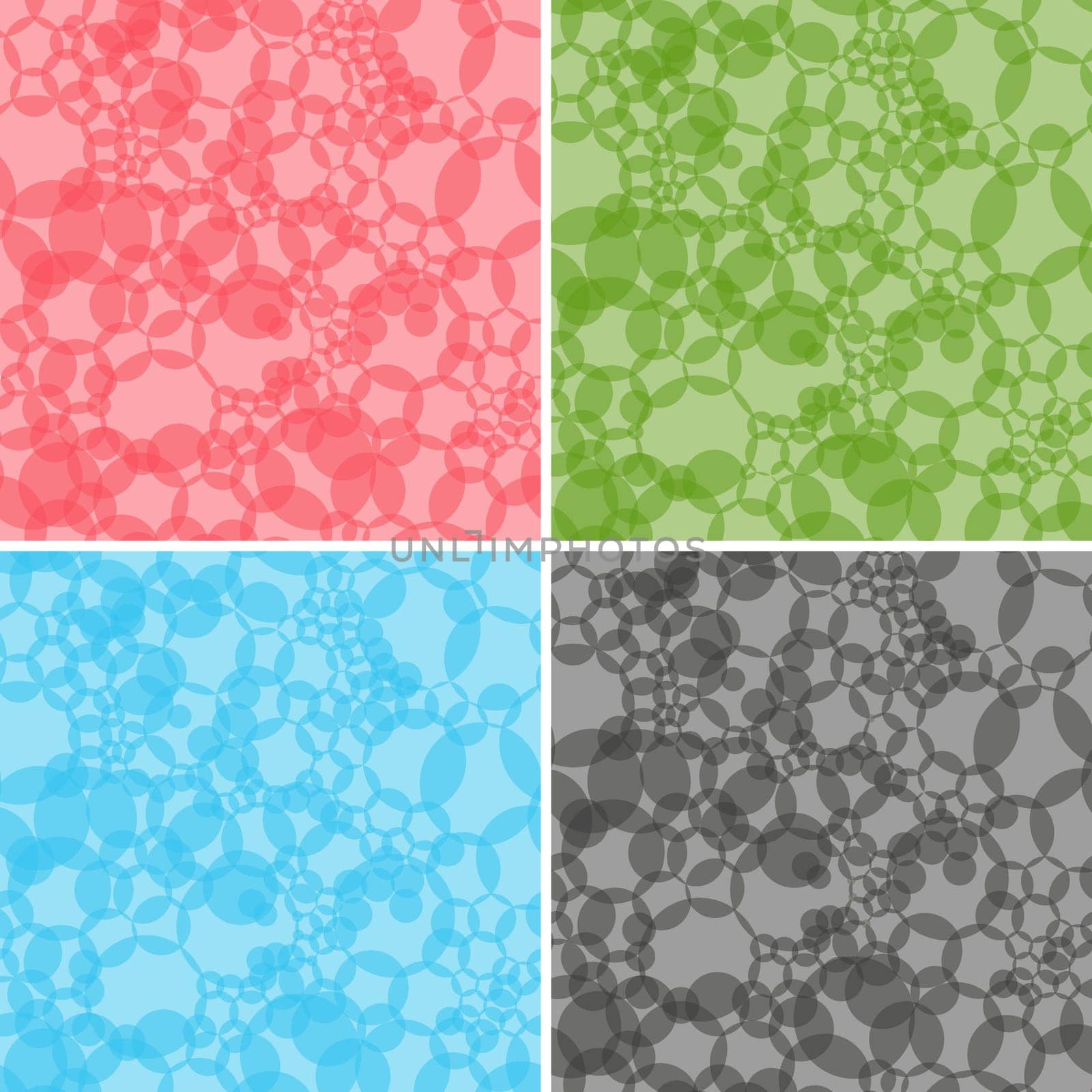 Abstract four different colors seamless vector patterns of translucent spherical bubbles