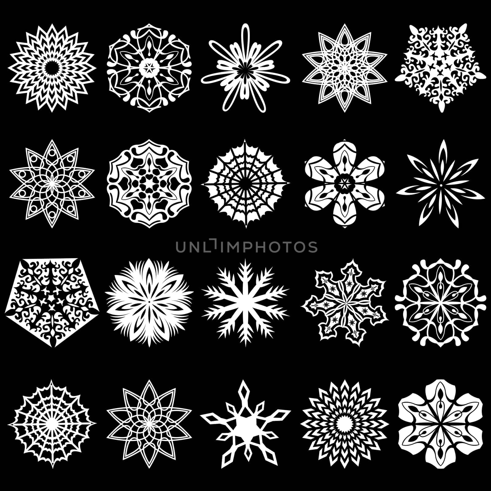 Set of twenty white snowflakes silhouettes on a black background, hand drawing vector illustration, you can easily change the color of snowflakes and background on any other