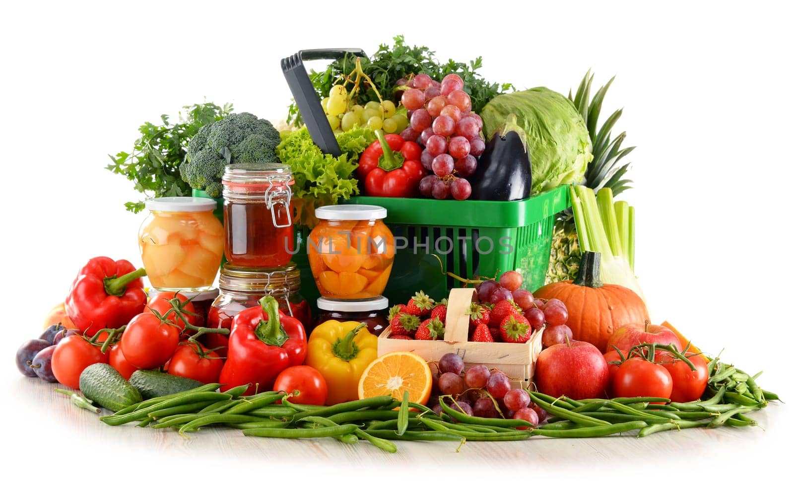 Composition with organic food isolated on white background. Balanced diet
