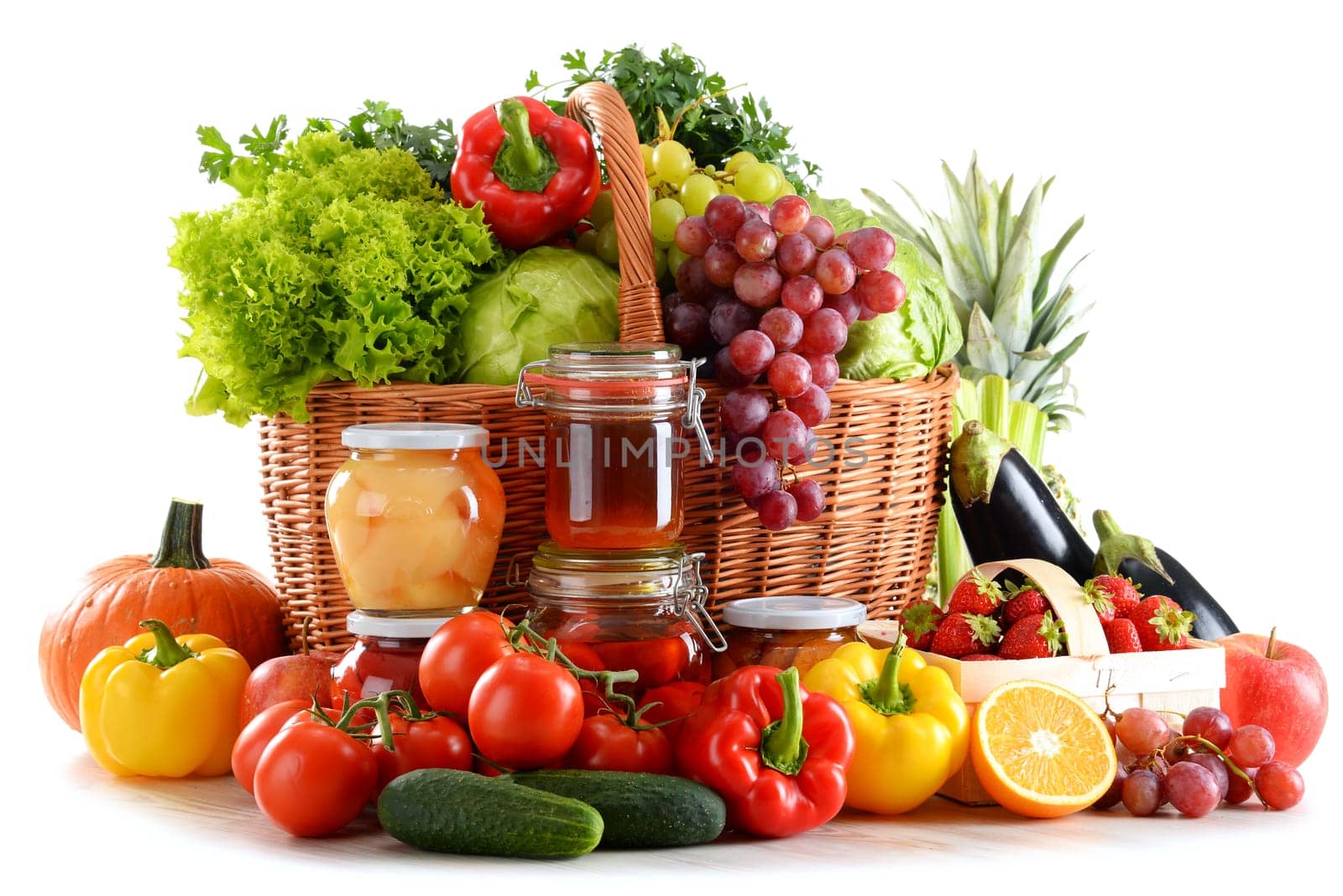 Composition with organic food isolated on white background. Balanced diet