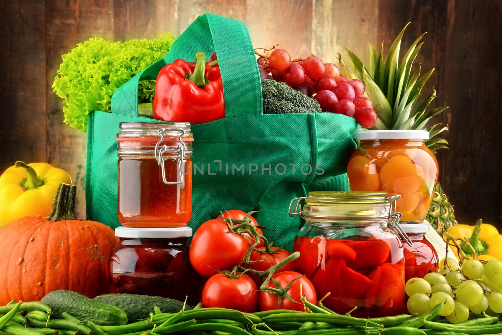 Composition with shopping bag and organic food. Balanced diet