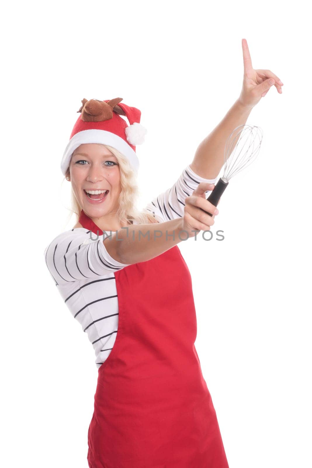Christmas woman in apron points to something with a whisp