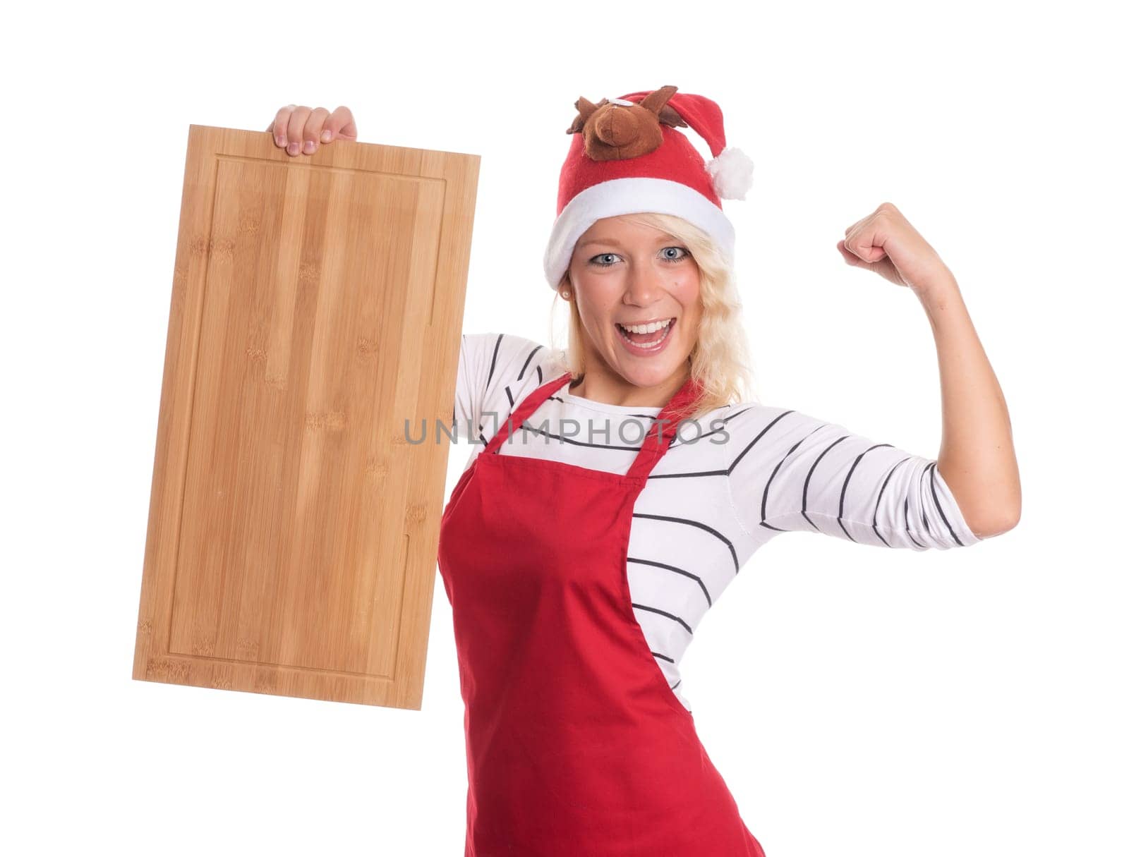 Woman with Christmas hat holds a wooden board as advertising space