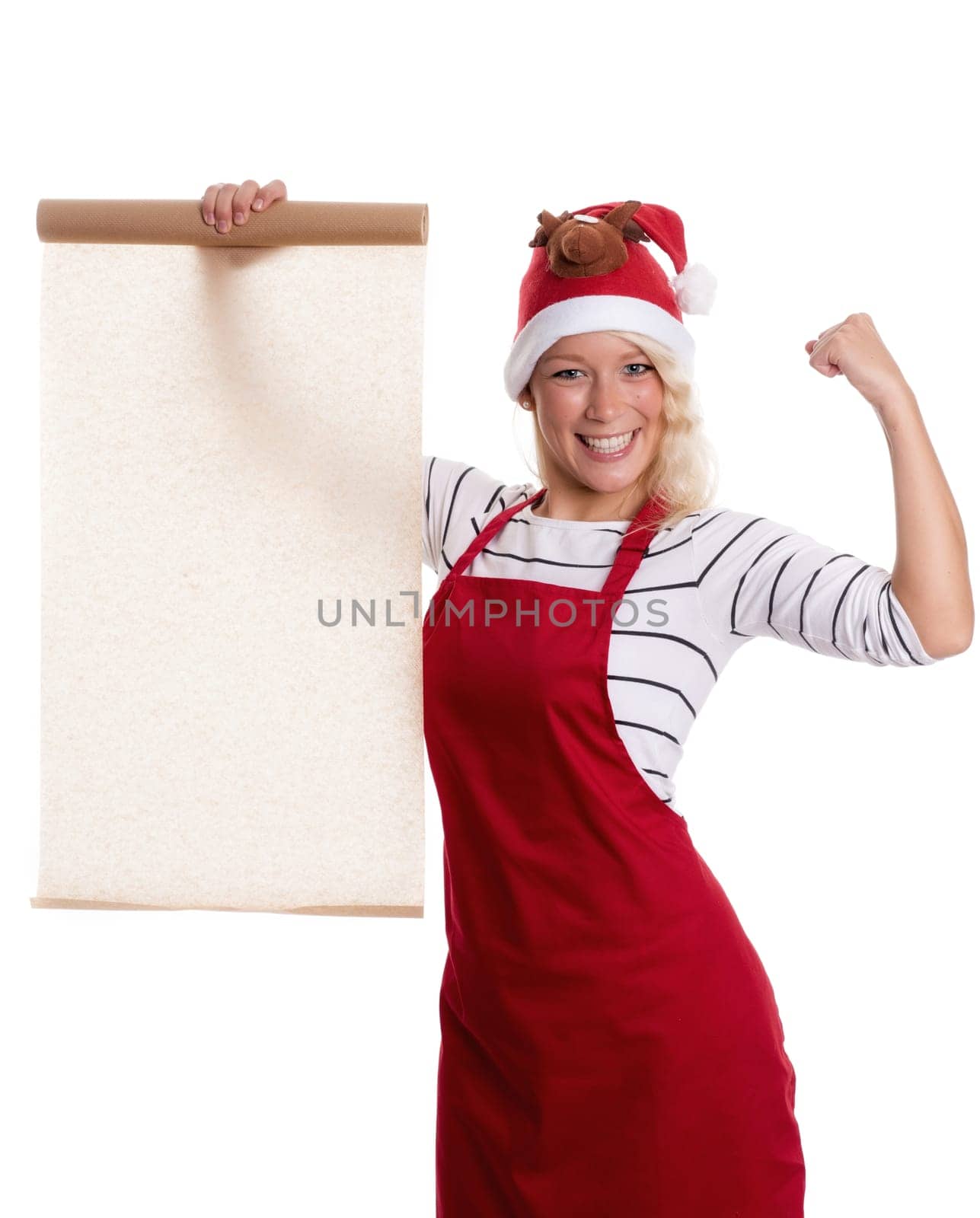 Woman with Christmas hat holds a wooden board as advertising space