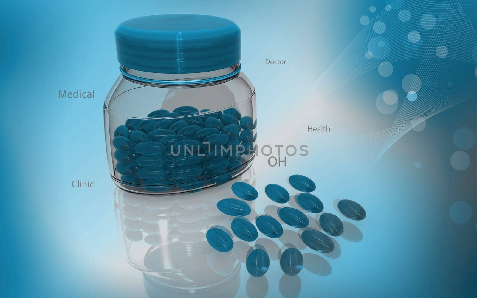 Digital illustration of capsule bottle in colour background