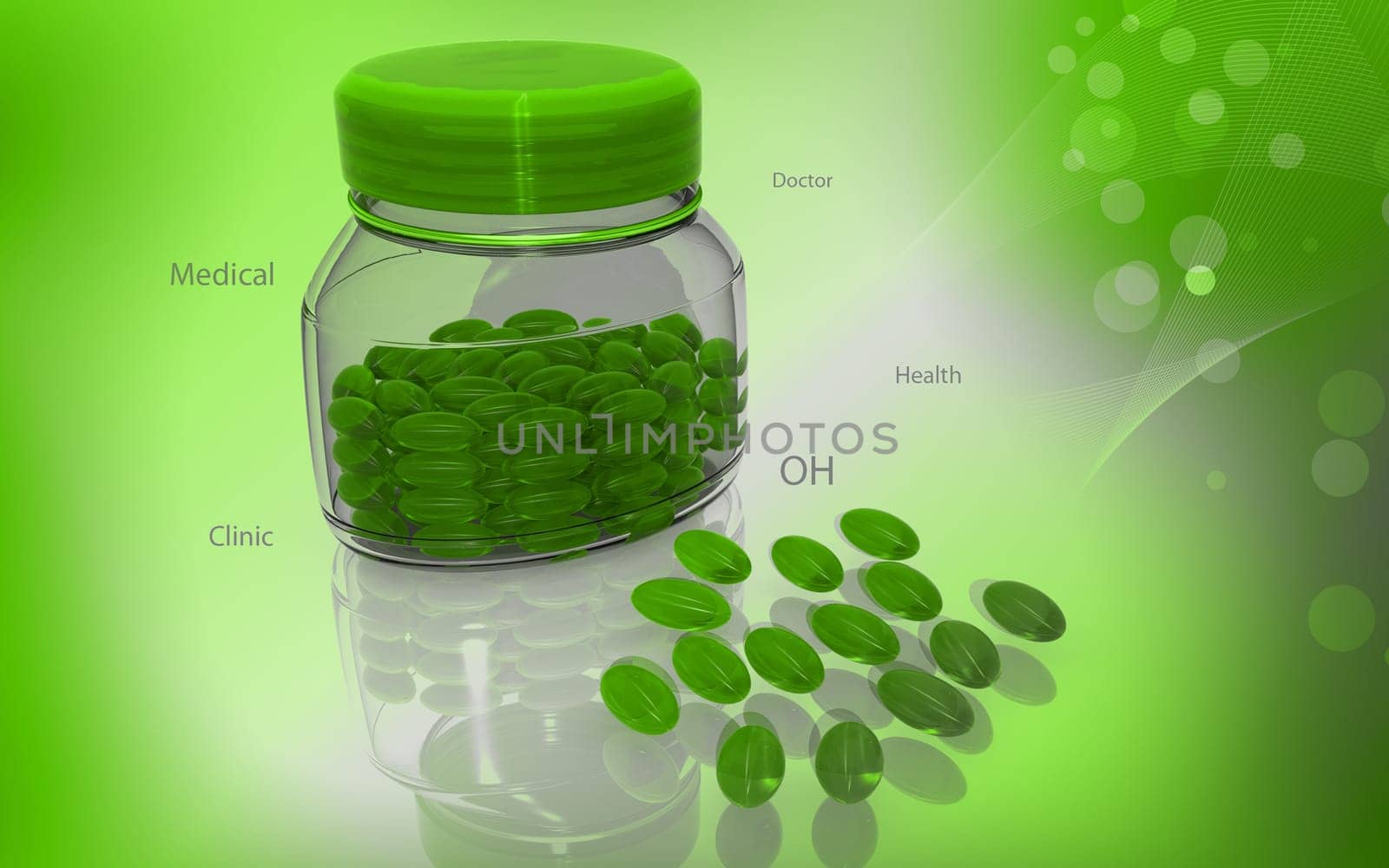 Digital illustration of capsule bottle in colour background