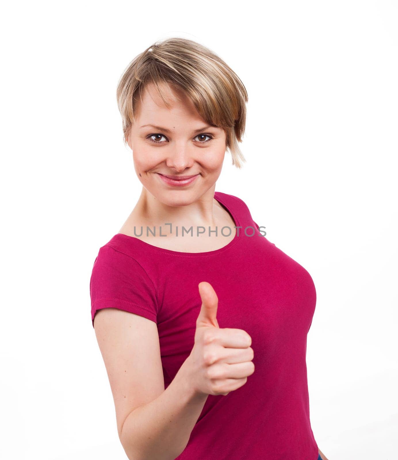 Young woman showing her thumb up and looking very confident, isolated on white