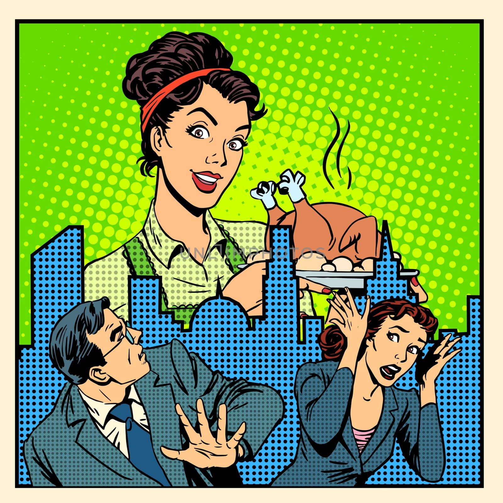 The horror of family life and home cooking retro style pop art