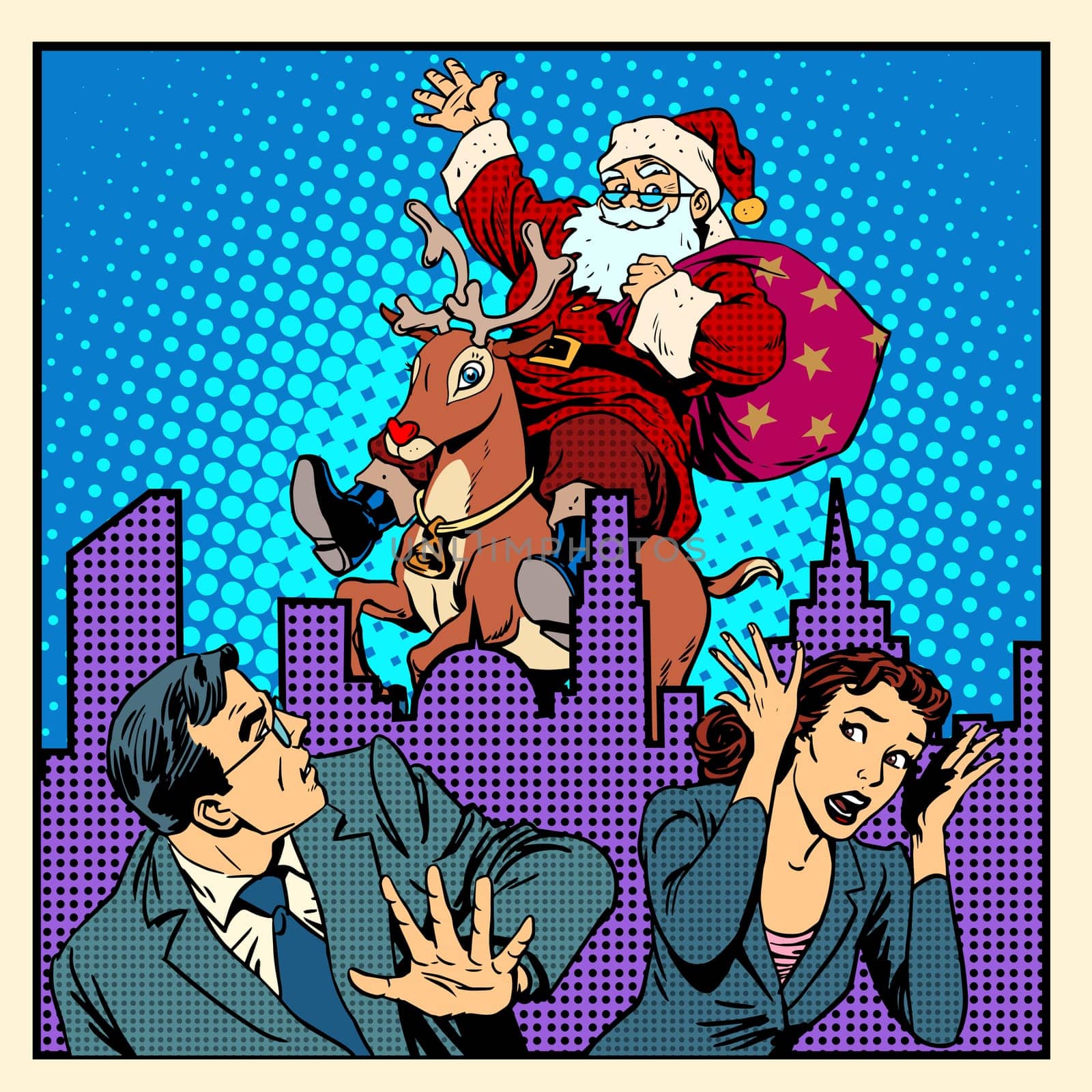 Nightmare holidays Santa Claus on reindeer and panic people retro style pop art