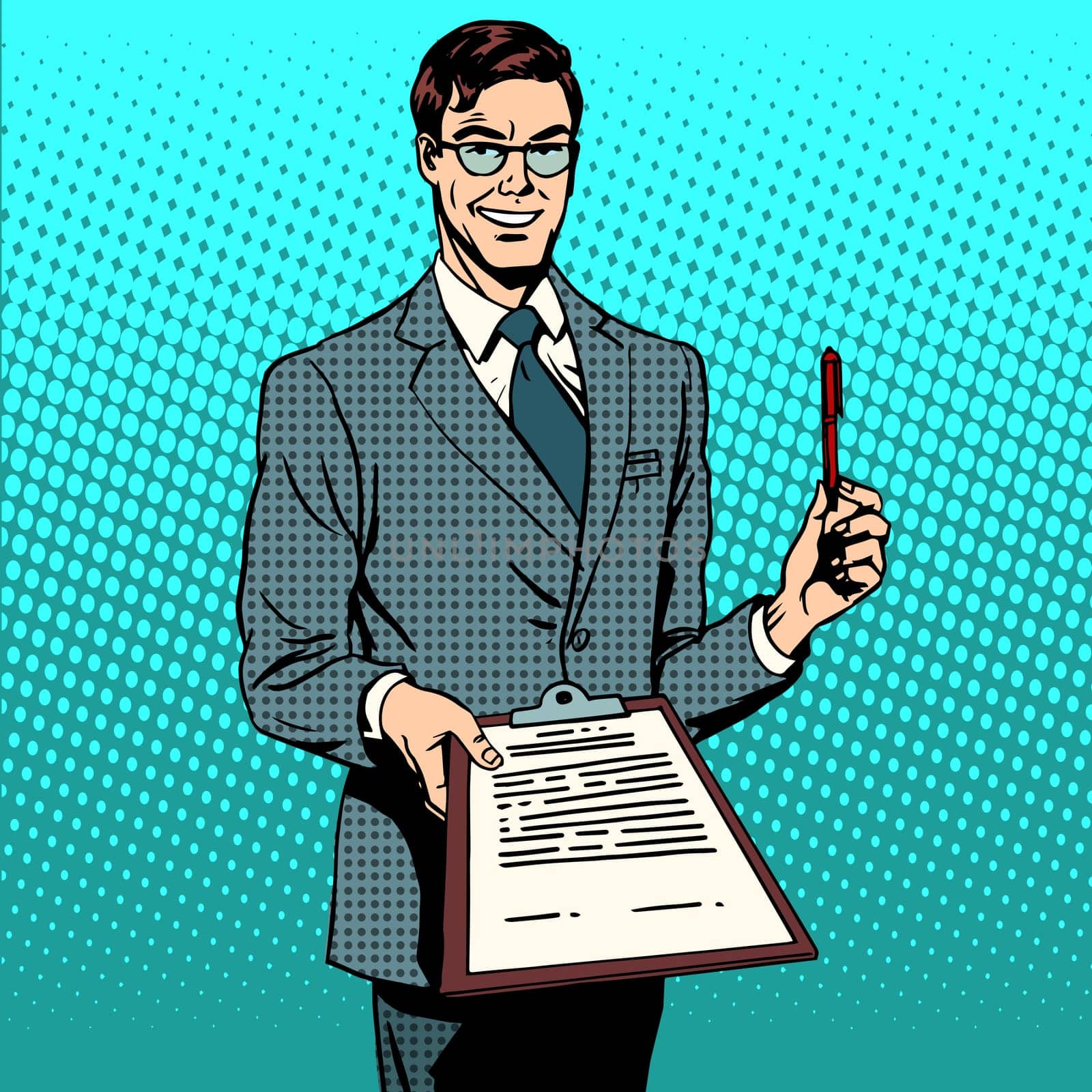 The signing of the contract signature to the document. Business concept the contract agreement deal. Retro style pop art