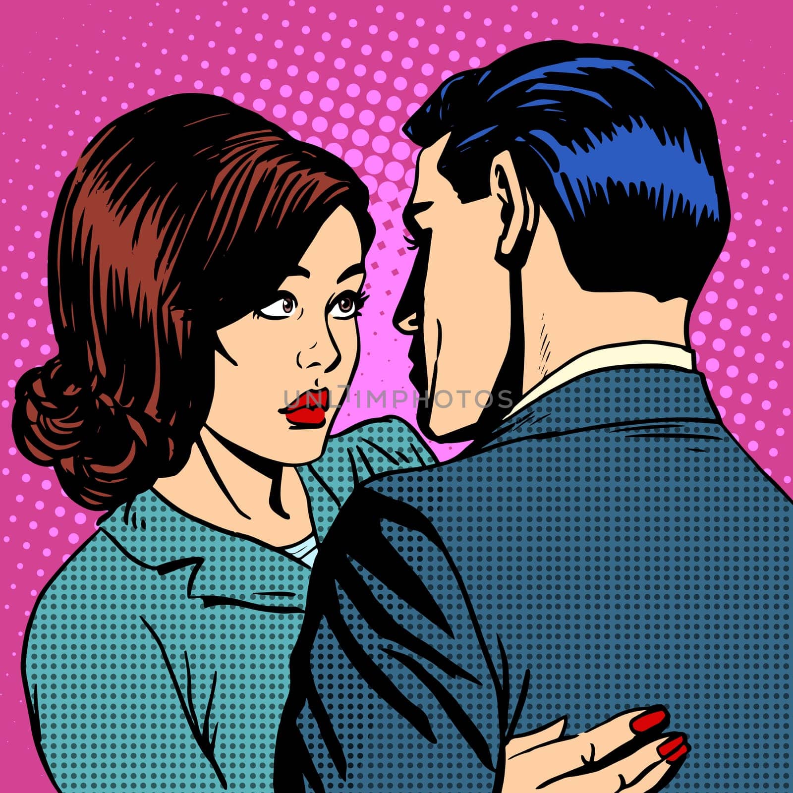 Couple in love hugging pop art retro style