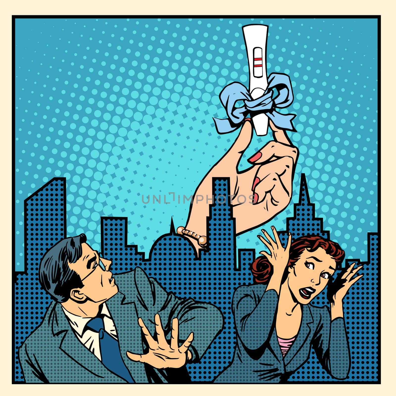 Pregnancy test medical the concept of family and fear of child birth pop art retro style