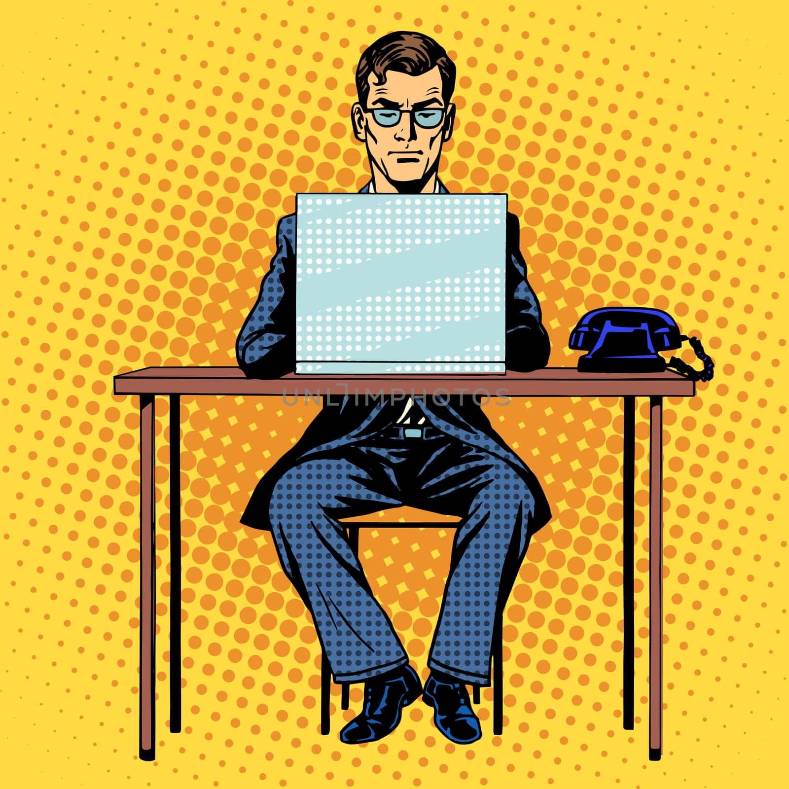 Businessman works behind laptop retro style pop art