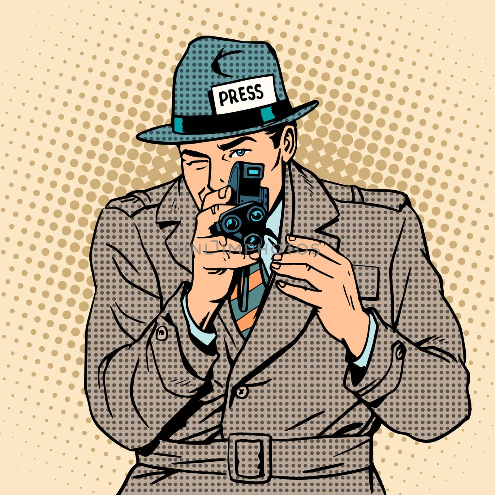 Journalist takes on retro camera. Paparazzi snooping tabloid press pop art