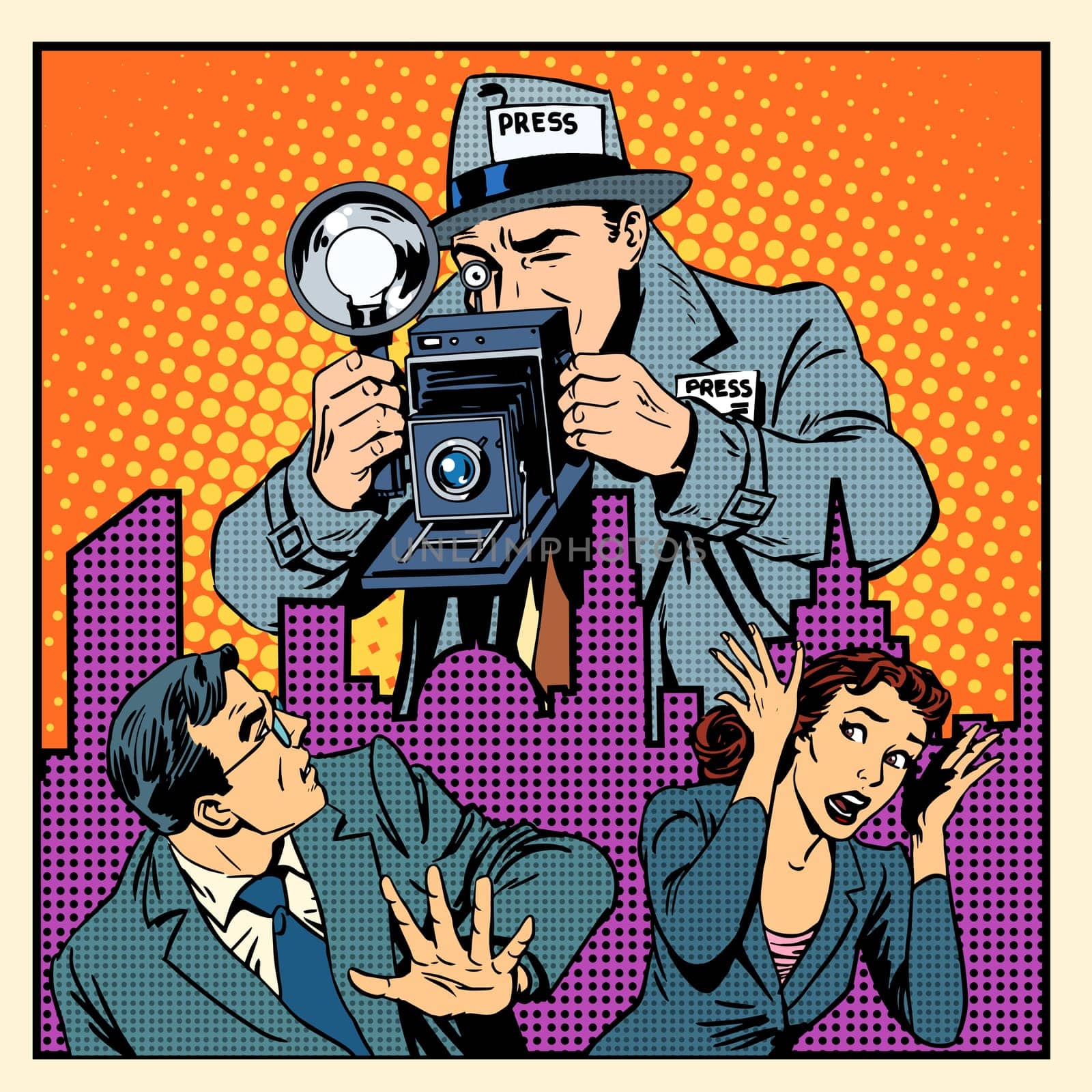 Media paparazzi terrorizing people. A man and a woman fleeing in panic from the giant of a journalist with a camera pop art retro style