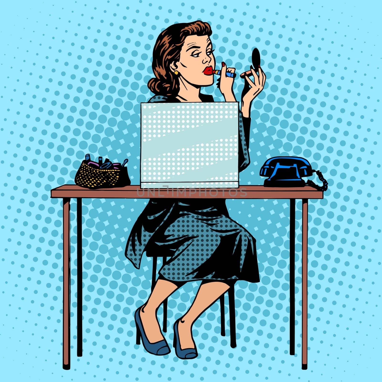 Businesswoman putting on lipstick in the office for work space. Beauty and makeup pop art retro style
