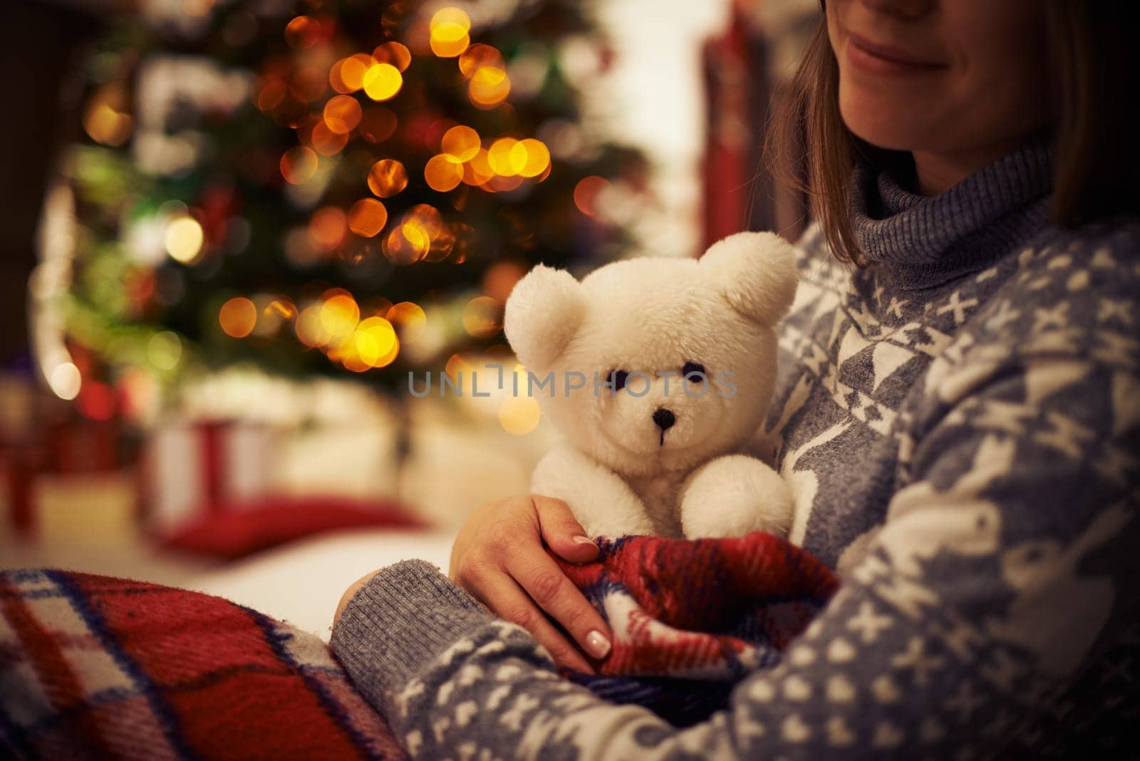 Young woman with teddy bear enjoying Christmas eve at home
