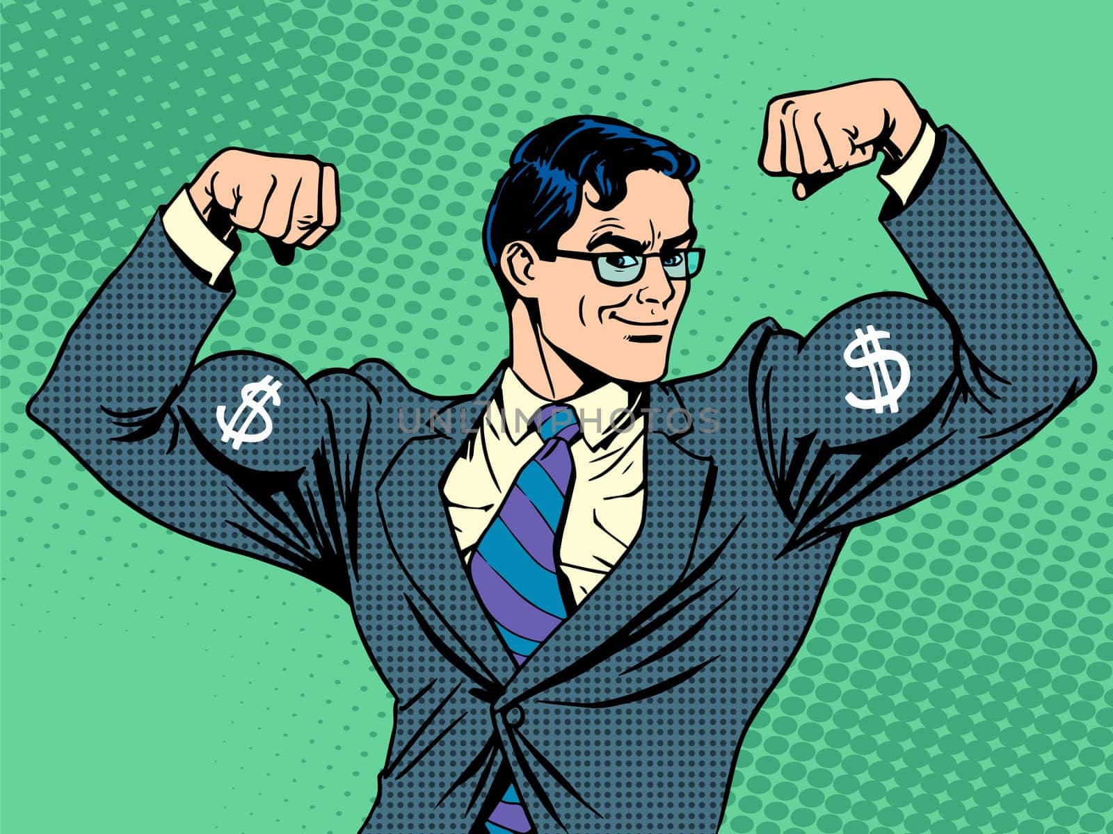 Businessman with muscles currency dollar pop art retro style