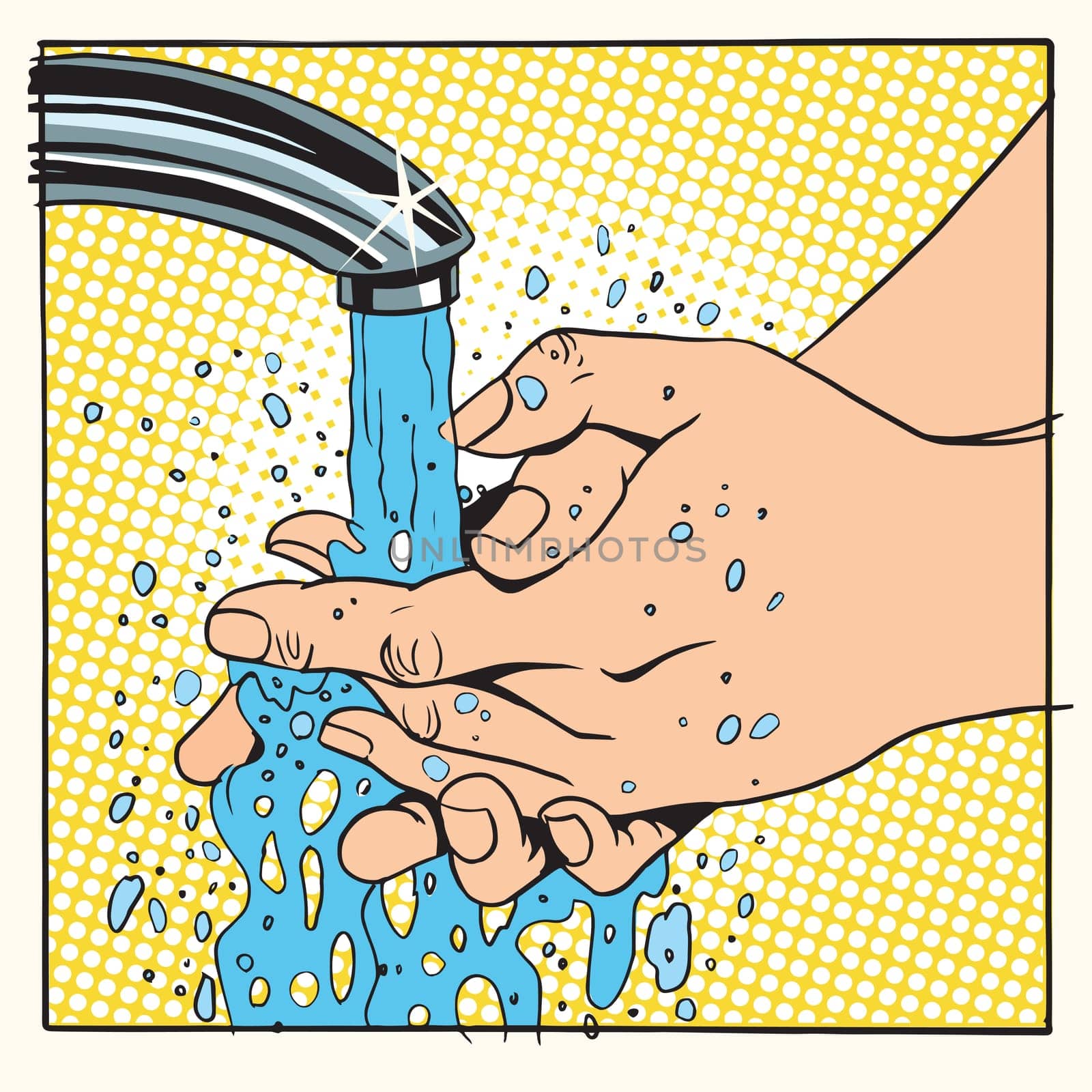 Hand hygiene wash under water pop art retro style