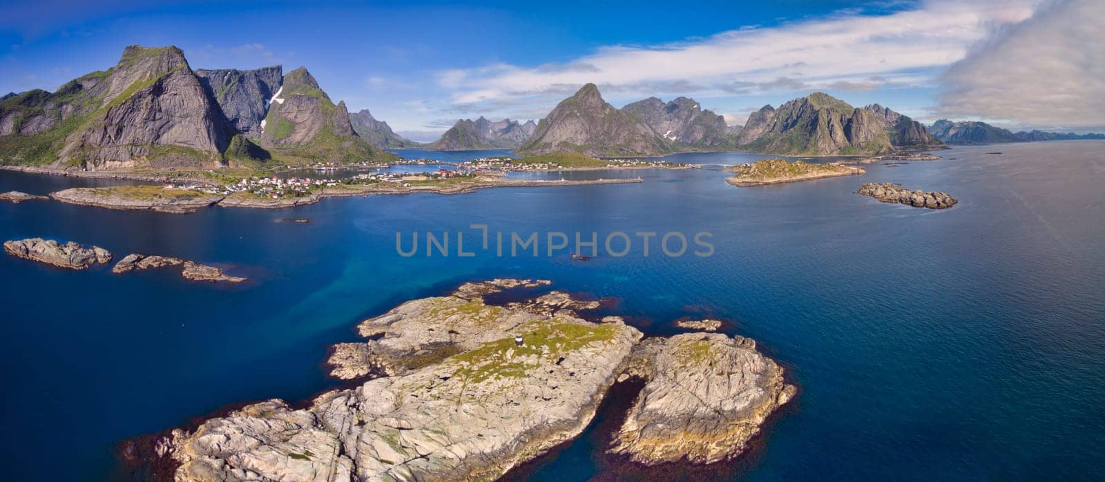 Reine on Lofoten islands, Norway, aerial panorama
