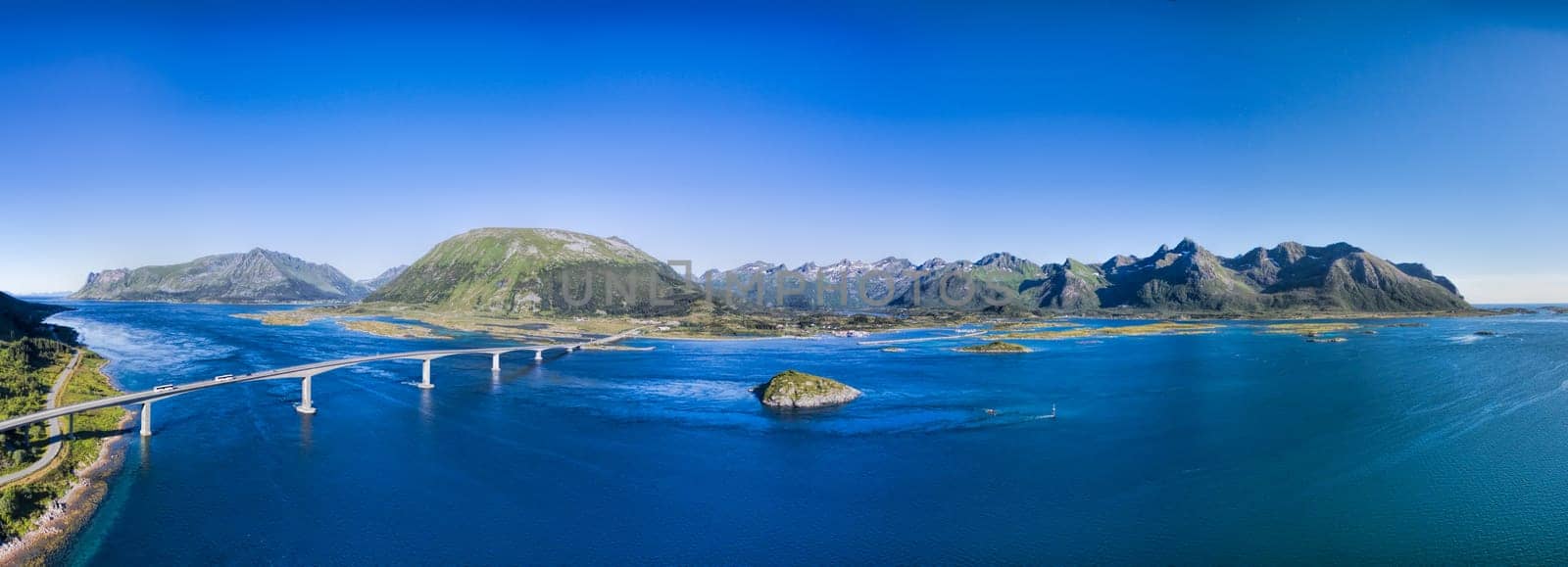Massive bridge on Lofoten islands in Norway, scenic aerial panorama