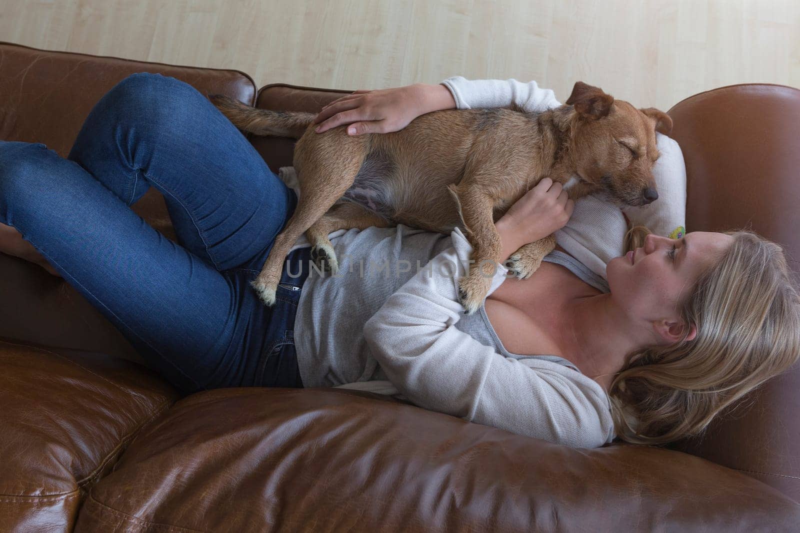 Ariel view of a woman cuddling her pet dog on a leather sofa.