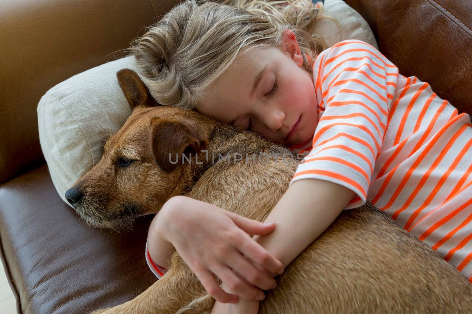 Young girl cuddling her pet dog on a sofa at home.