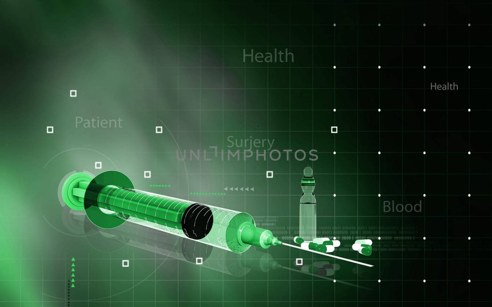 Digital illustration of syringe in colour background