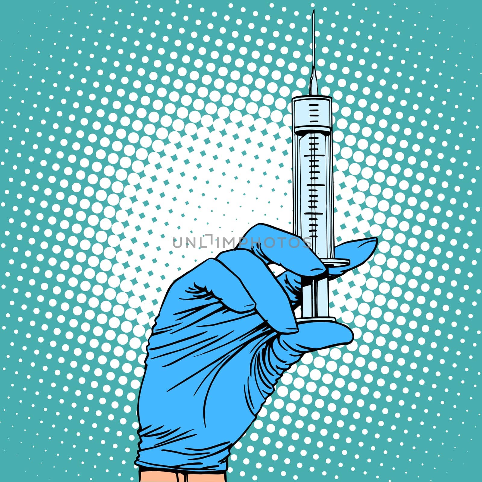 Hand with a syringe injection vaccination medicine pop art retro style
