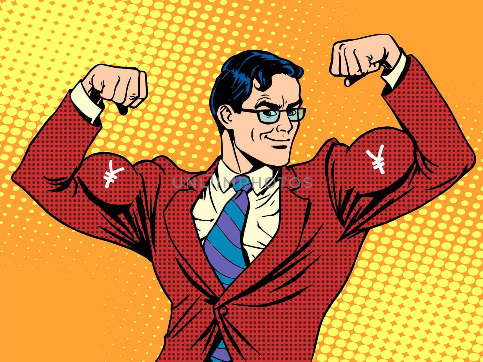Businessman with muscles currency yen pop art retro style