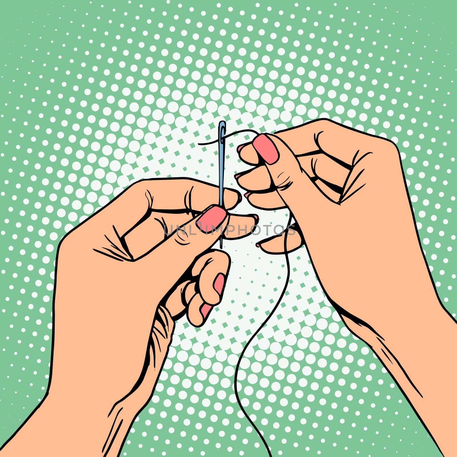 Needlework seamstress threads the needle pop art retro style