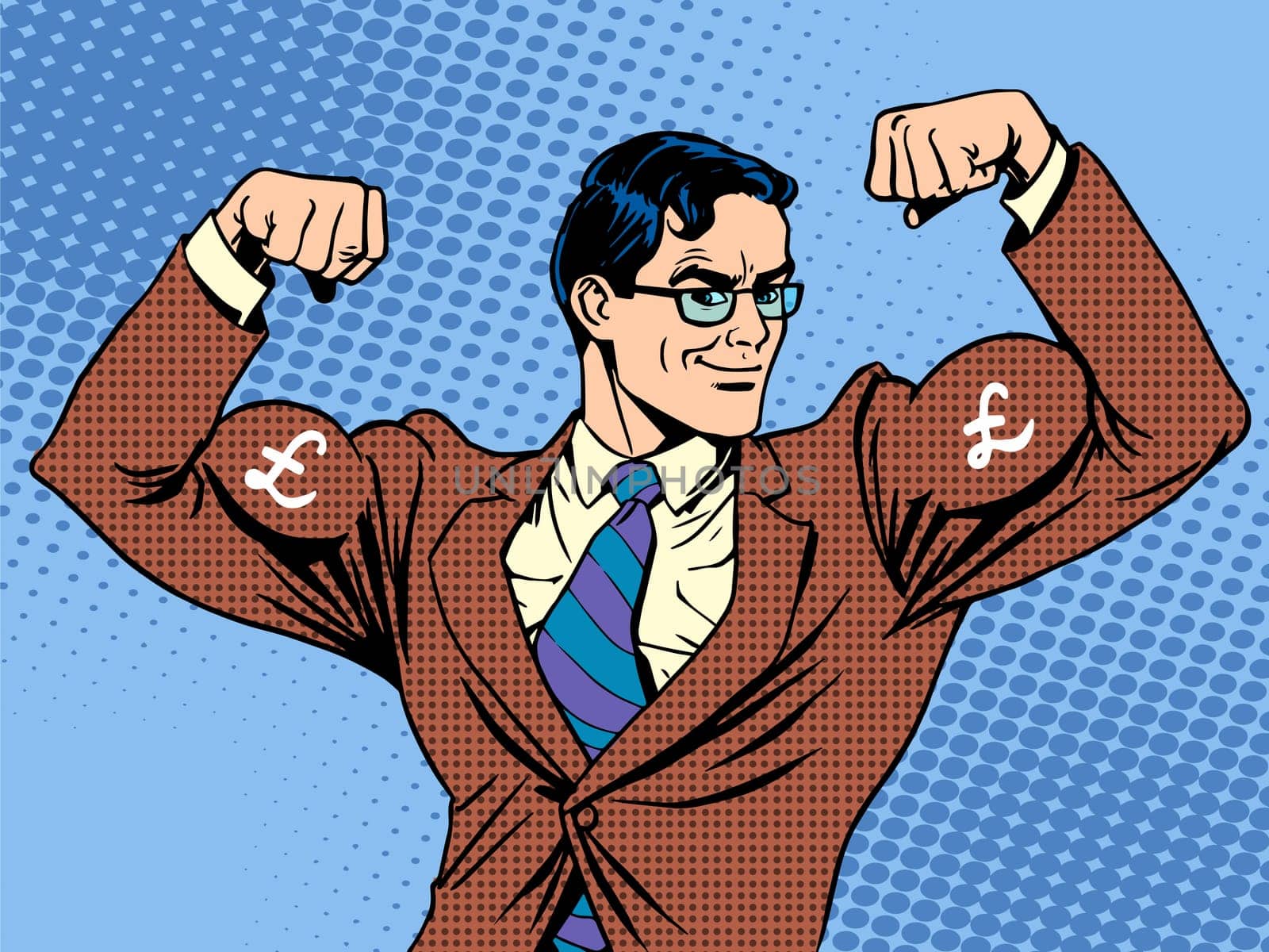 Businessman with muscles currency pound sterling pop art retro style