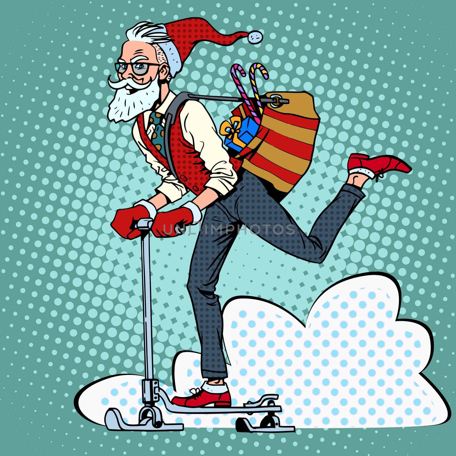 Hipster Santa Claus spreads the Christmas gifts on a scooter sled pop art retro style