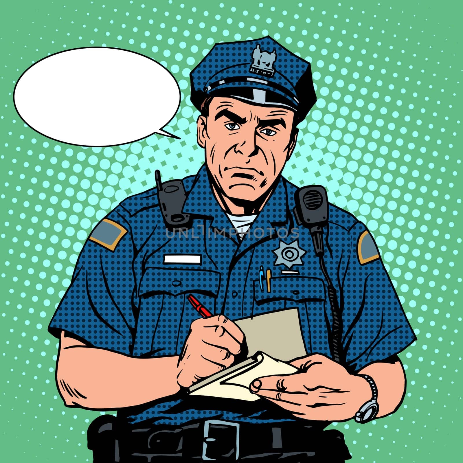 angry policeman questions pop art retro style