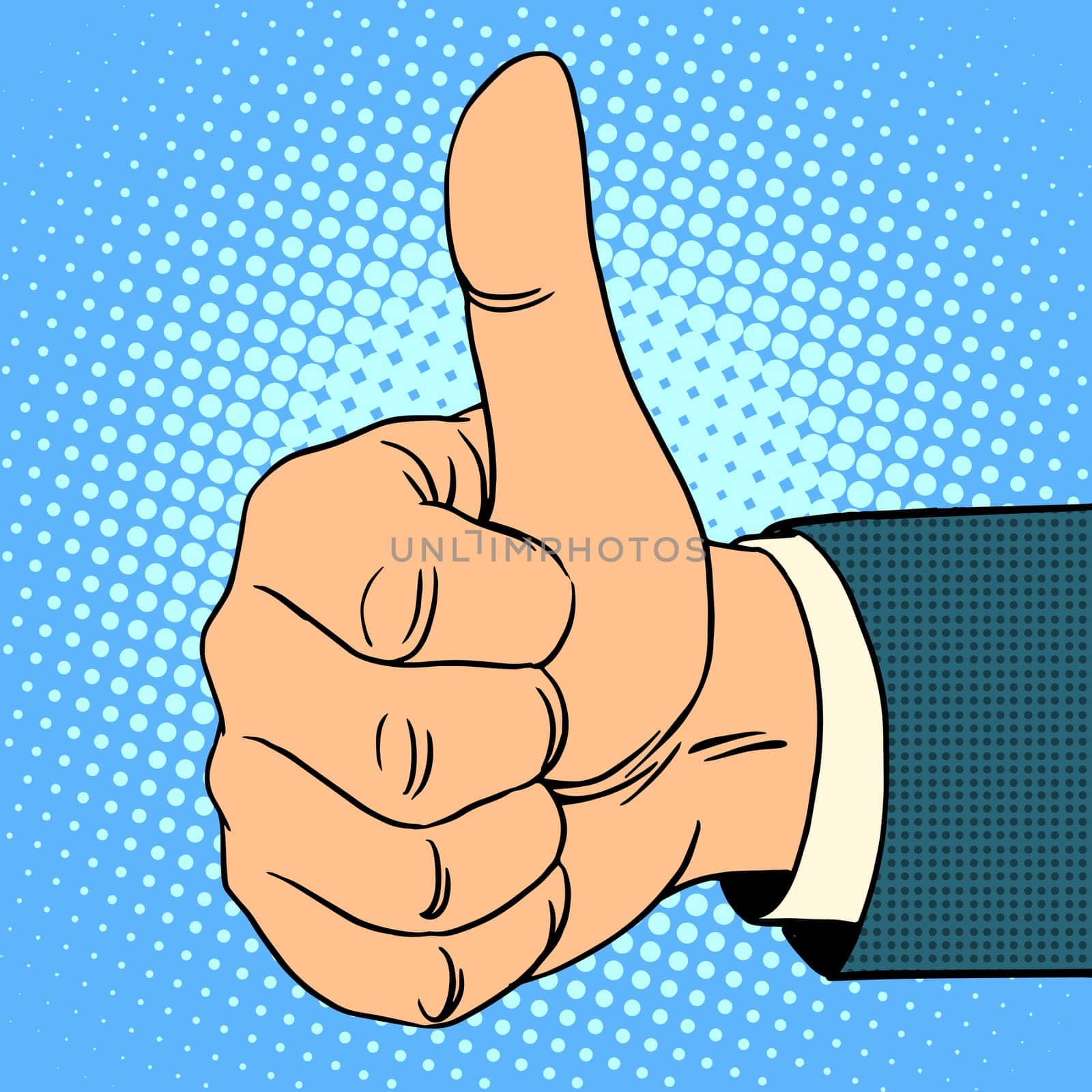 Thumb top gesture. Hitchhiking approval quality pop art retro style