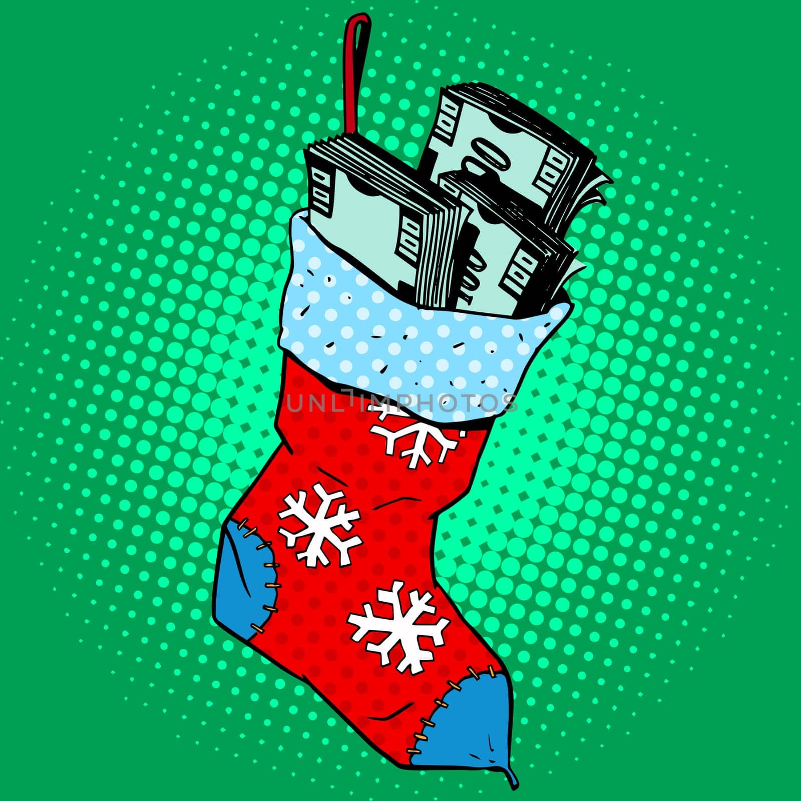 Christmas sock with the money. Annual profit the gift of financial success pop art retro style