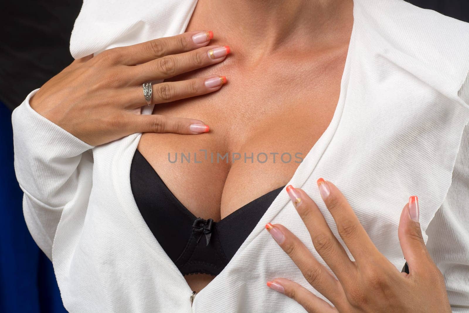 Big Breasts Lady In Balck Sexy Bra and White Jacket