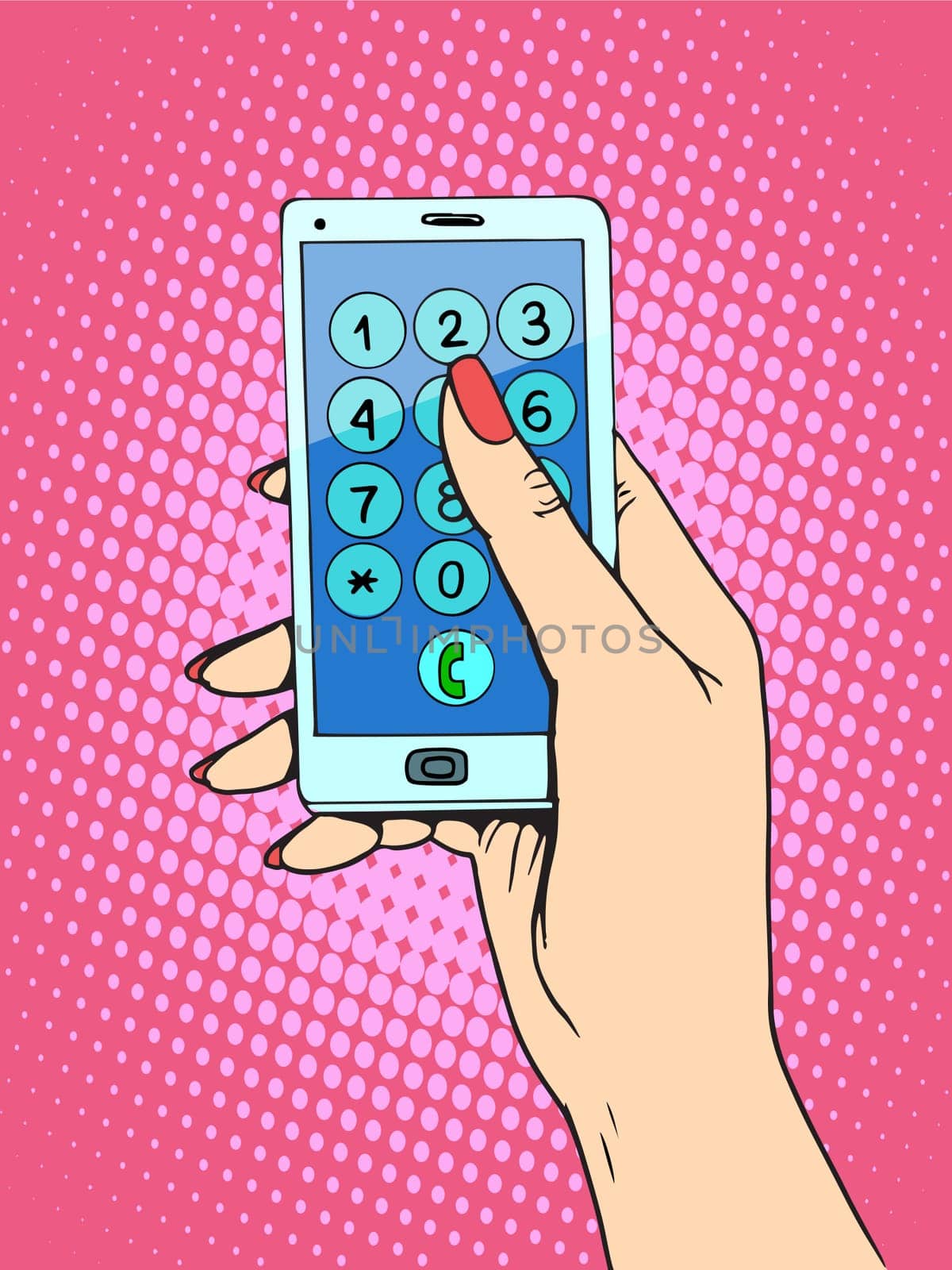 Smartphone woman dials the phone number pop art retro style