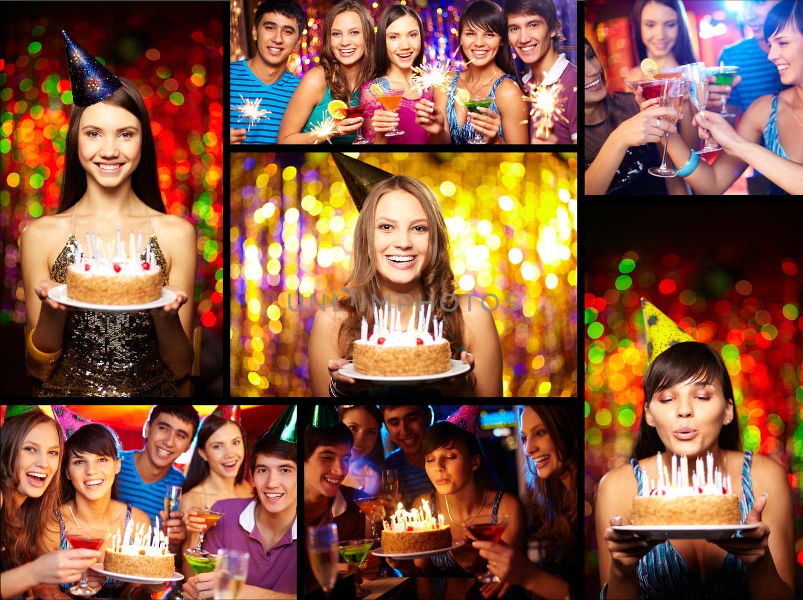 Photo collage of young people having party